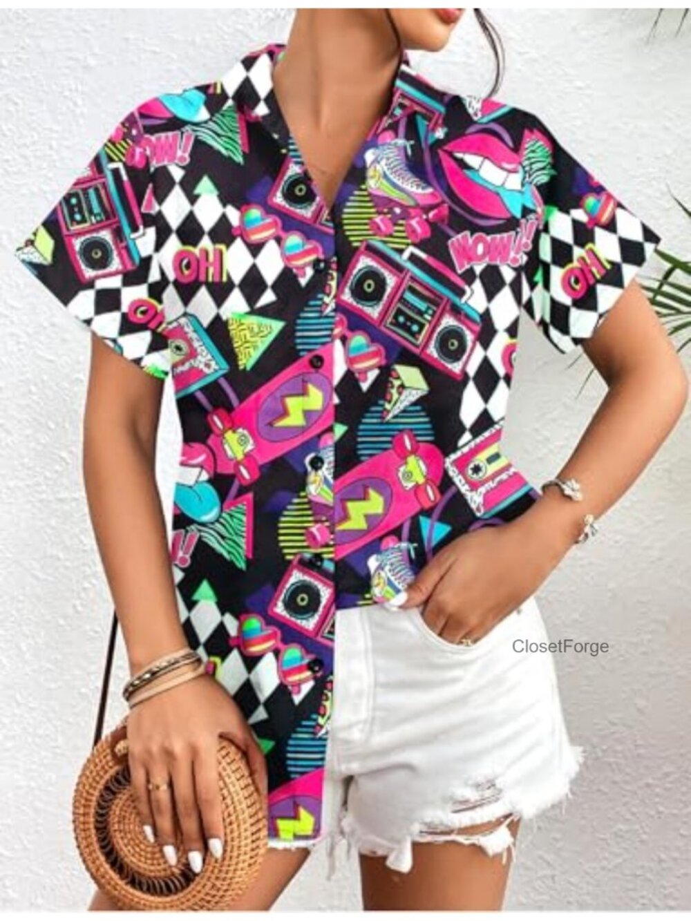 80s 90s Retro Vintage Disco Party Blouse Button Down Top - Picture 4 of 6